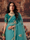 Teal Blue Embroidered Designer Organza Silk Saree