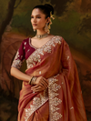 Rust Orange Embroidered Designer Tissue Silk Saree With Contrast Blouse