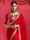 Crimson Red Embroidered Designer Satin Silk Saree