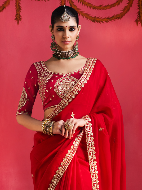 Crimson Red Embroidered Designer Satin Silk Saree