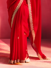 Crimson Red Embroidered Designer Satin Silk Saree