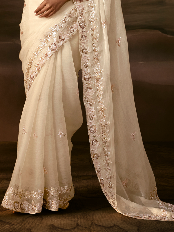 Ivory Embroidered Designer Organza Silk Saree