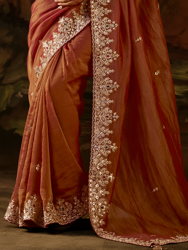Rust Orange Embroidered Designer Tissue Silk Saree With Contrast Blouse