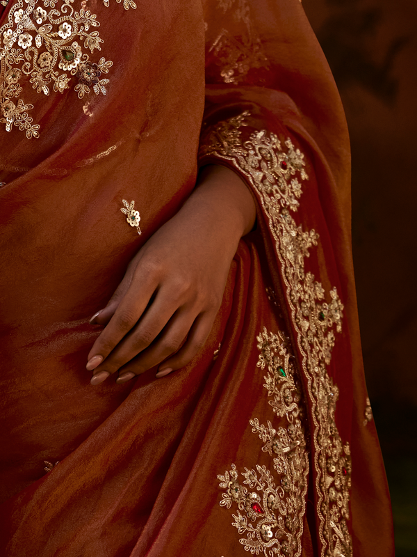 Rust Orange Embroidered Designer Tissue Silk Saree With Contrast Blouse