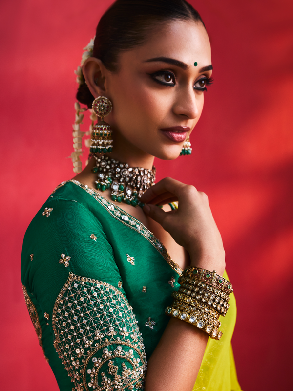 Lime Yellow Embroidered Designer Satin Silk Saree With Contrast Blouse