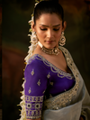 Silver Grey Embroidered Designer Tissue Silk Saree With Contrast Blouse