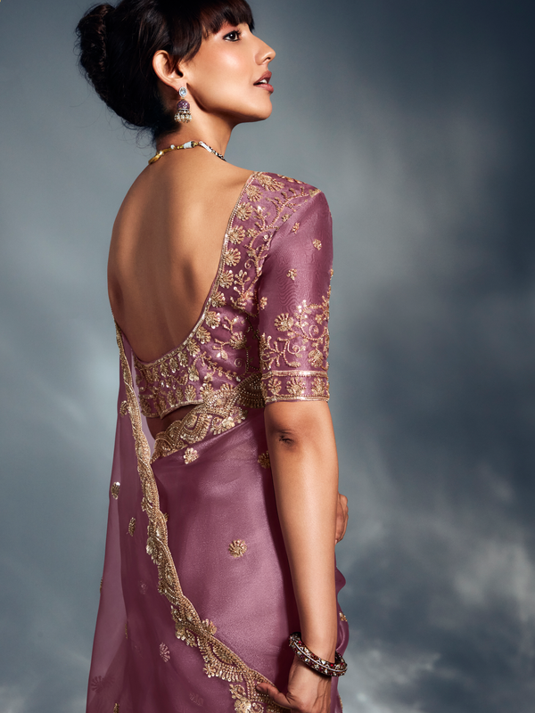 Mauve Embroidered Designer Tissue Organza Silk Saree