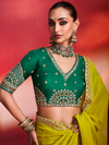 Lime Yellow Embroidered Designer Satin Silk Saree With Contrast Blouse