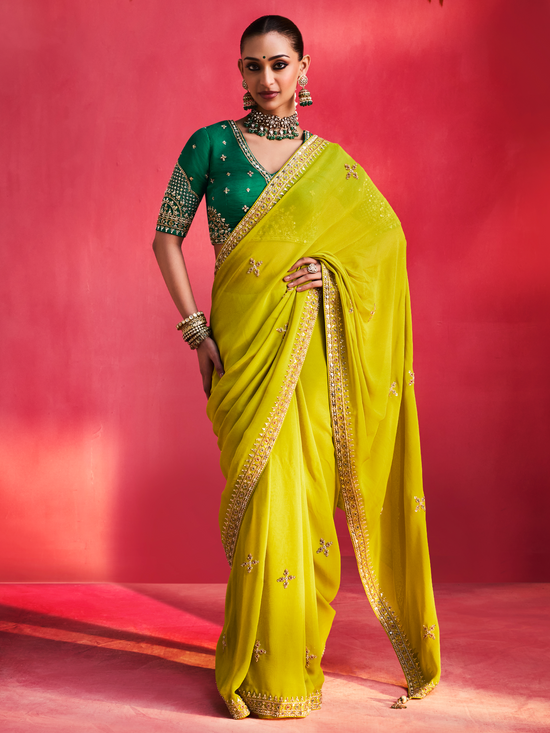 Lime Yellow Embroidered Designer Satin Silk Saree With Contrast Blouse