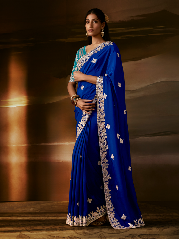 Royal Blue Embroidered Designer Organza Silk Saree