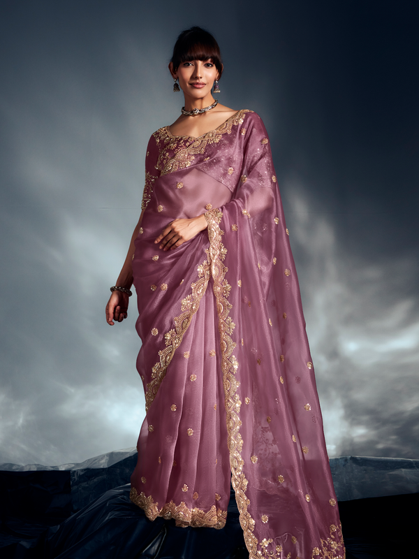 Mauve Embroidered Designer Tissue Organza Silk Saree