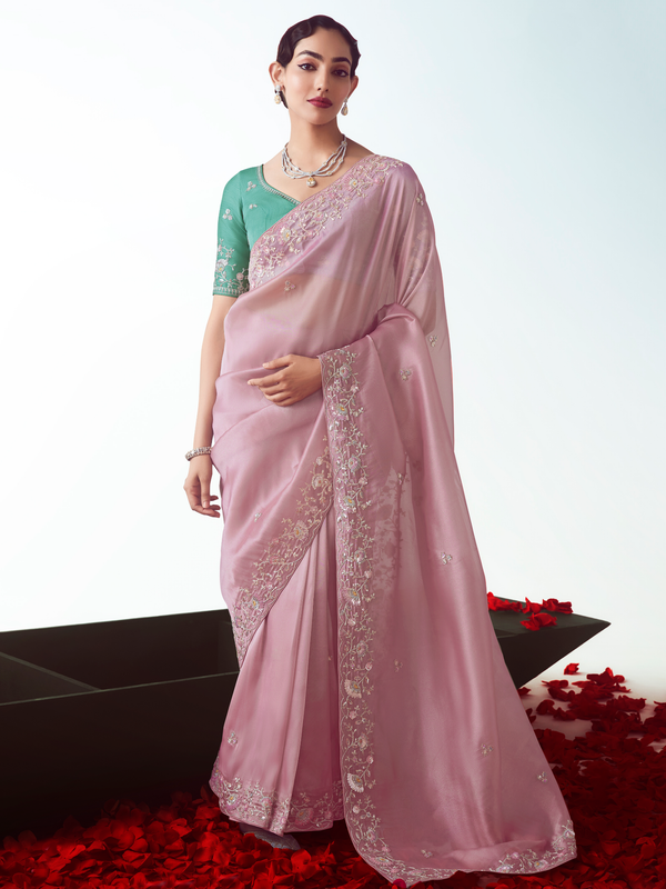 Dusty Pink Embroidered Designer Organza Silk Saree With Contrast Blouse