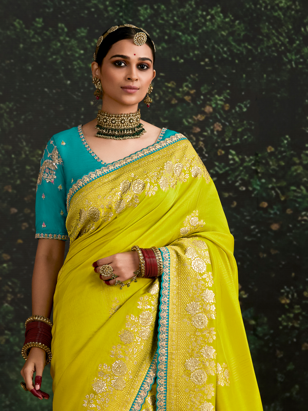 Lime Yellow Designer Banarasi Dola Silk Saree With Golden Zari