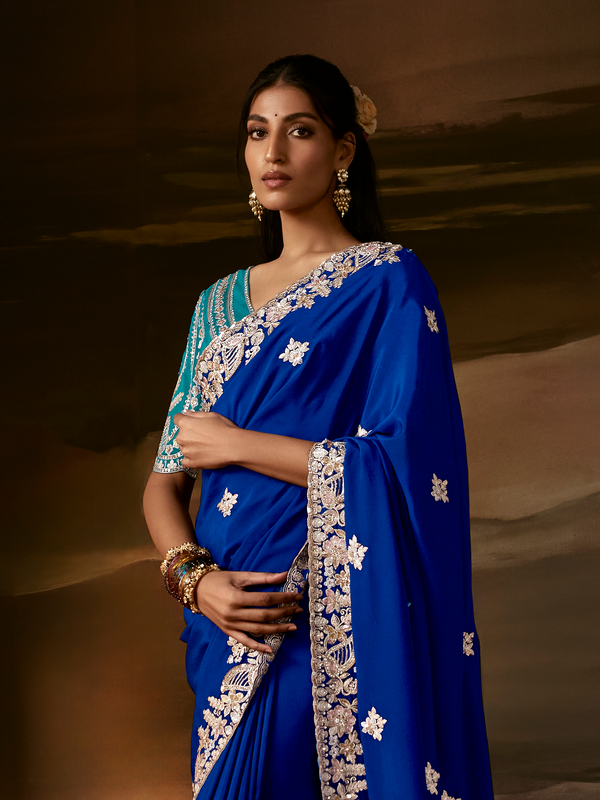Royal Blue Embroidered Designer Organza Silk Saree