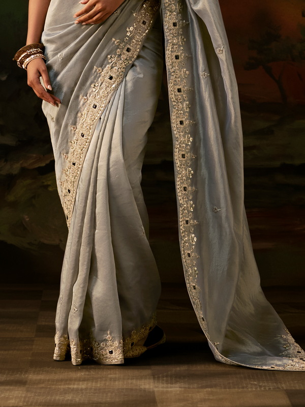 Silver Grey Embroidered Designer Tissue Silk Saree With Contrast Blouse