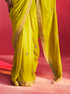 Lime Yellow Embroidered Designer Satin Silk Saree With Contrast Blouse