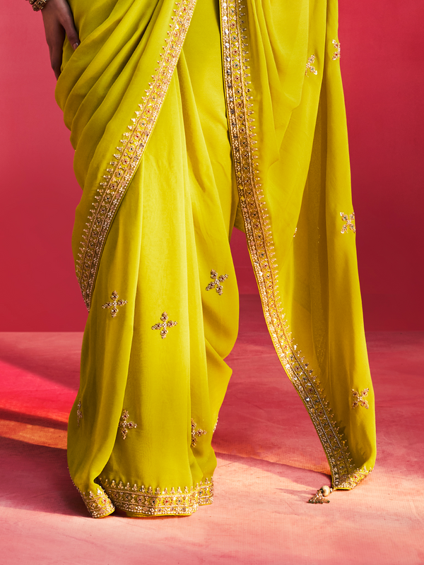 Lime Yellow Embroidered Designer Satin Silk Saree With Contrast Blouse