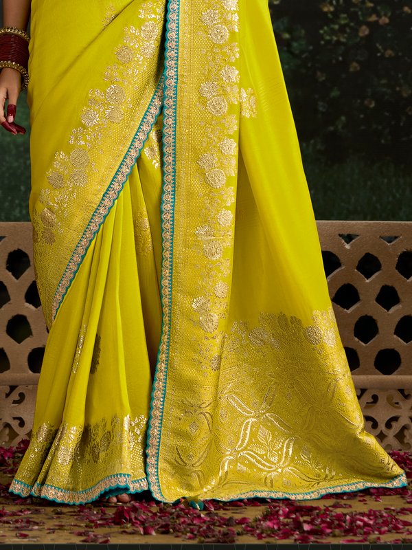 Lime Yellow Designer Banarasi Dola Silk Saree With Golden Zari