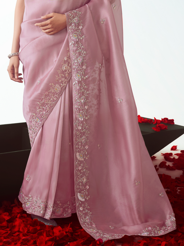 Dusty Pink Embroidered Designer Organza Silk Saree With Contrast Blouse