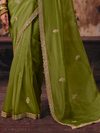 Mehendi Green Embroidered Designer Satin Silk Saree With Contrast Blouse