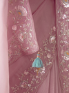 Dusty Pink Embroidered Designer Organza Silk Saree With Contrast Blouse