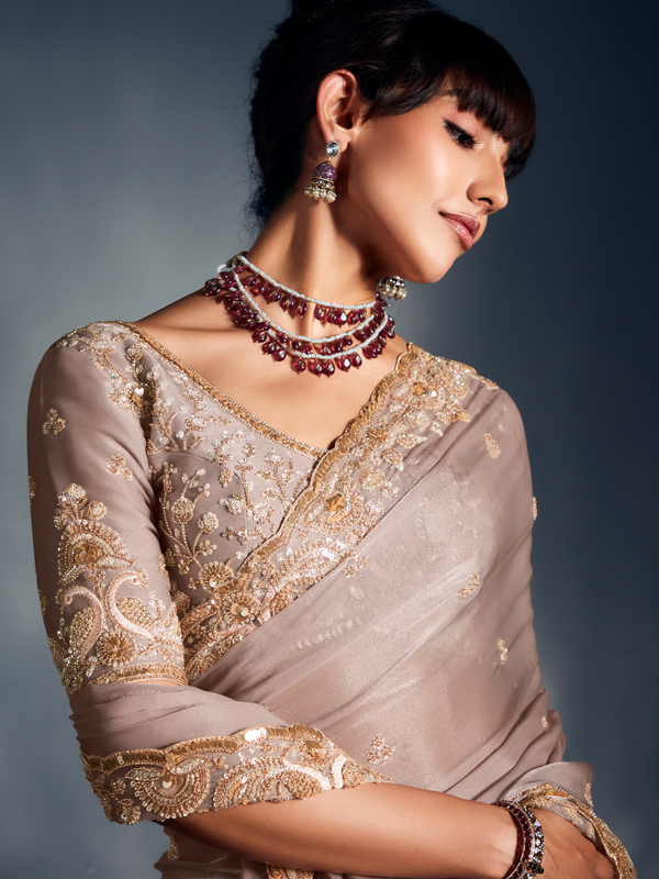 Champagne Gold Embroidered Designer Tissue Organza Silk Saree