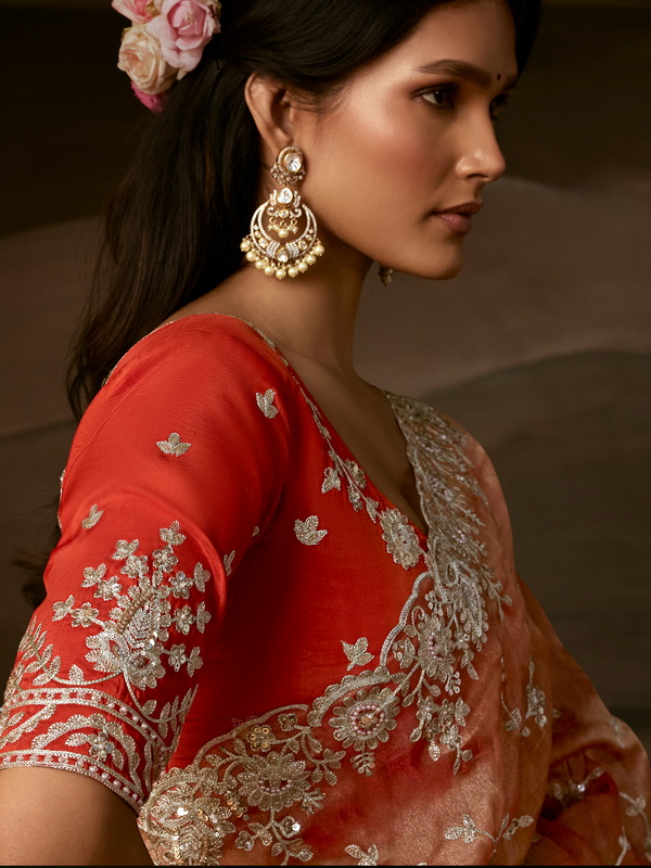Coral Peach Embroidered Designer Organza Silk Saree