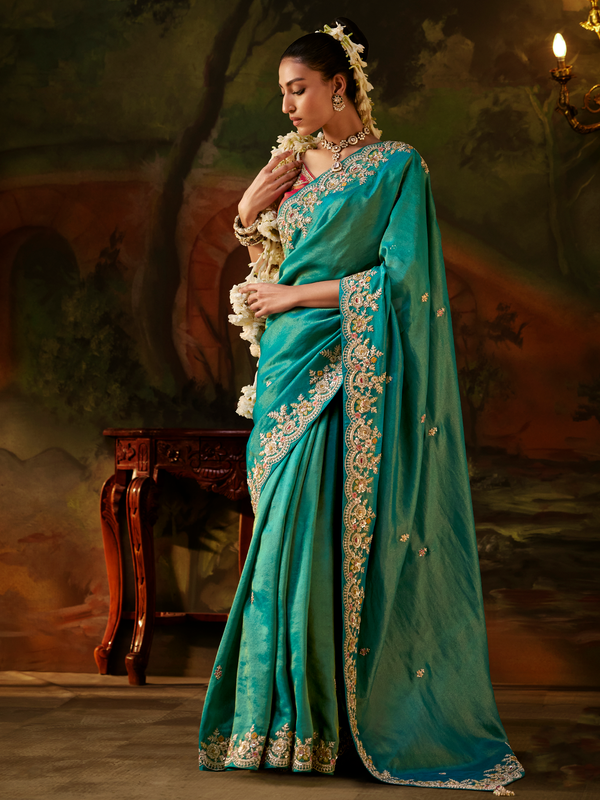 Teal Green Embroidered Designer Tissue Silk Saree With Contrast Blouse