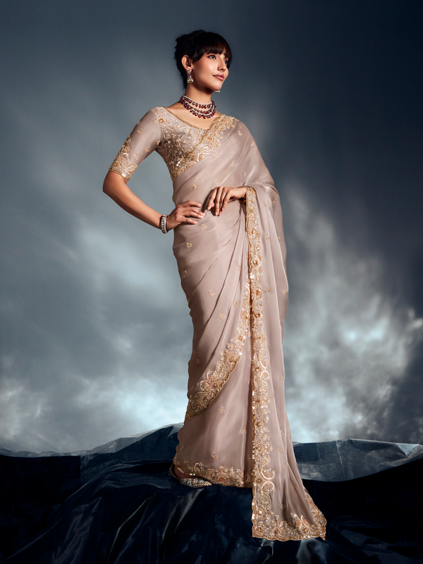 Champagne Gold Embroidered Designer Tissue Organza Silk Saree