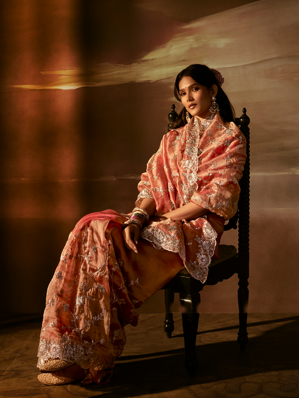 Coral Peach Embroidered Designer Organza Silk Saree