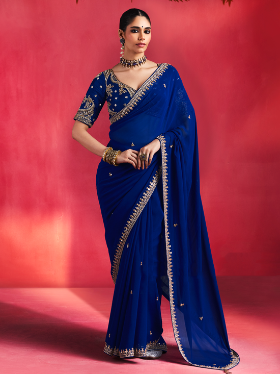 Royal Blue Embroidered Designer Satin Silk Saree