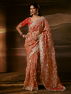 Coral Peach Embroidered Designer Organza Silk Saree