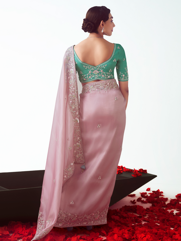 Dusty Pink Embroidered Designer Organza Silk Saree With Contrast Blouse