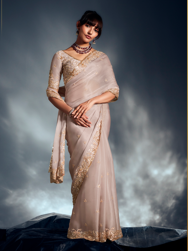 Champagne Gold Embroidered Designer Tissue Organza Silk Saree