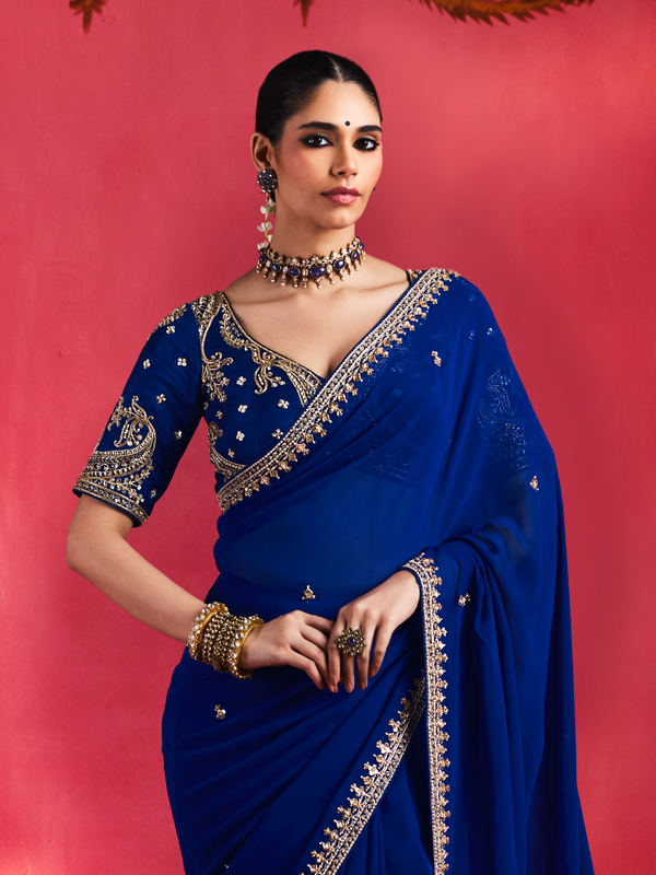Royal Blue Embroidered Designer Satin Silk Saree