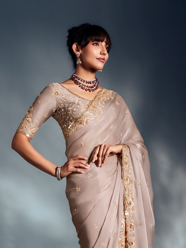 Champagne Gold Embroidered Designer Tissue Organza Silk Saree