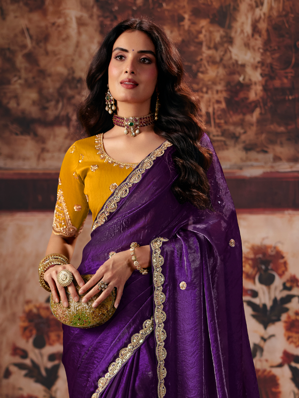 Deep Purple Embroidered Designer Satin Silk Saree With Contrast Blouse