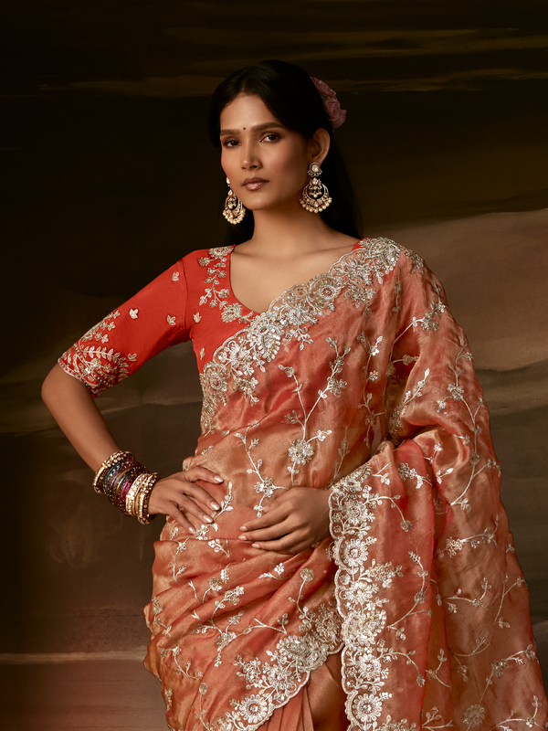 Coral Peach Embroidered Designer Organza Silk Saree