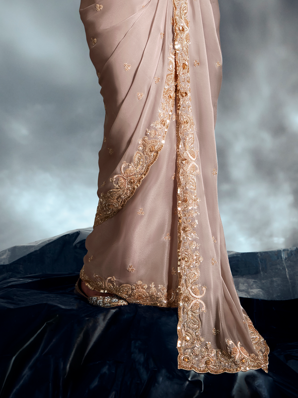 Champagne Gold Embroidered Designer Tissue Organza Silk Saree