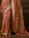 Coral Peach Embroidered Designer Organza Silk Saree