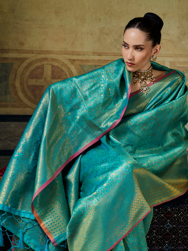 Turquoise Blue Banarasi Soft Silk Saree