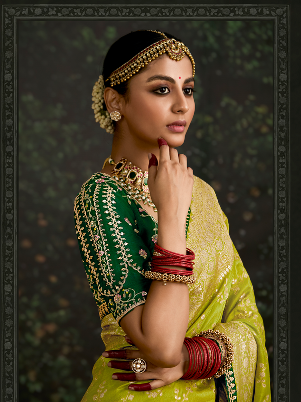 Lime Green Designer Banarasi Dola Silk Saree With Golden Zari Work