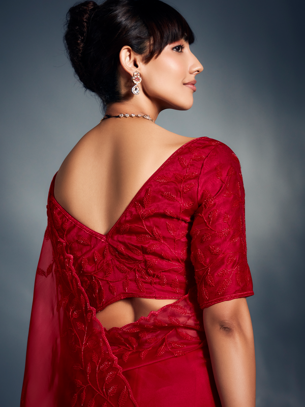 Red Embroidered Designer Tissue Organza Silk Saree