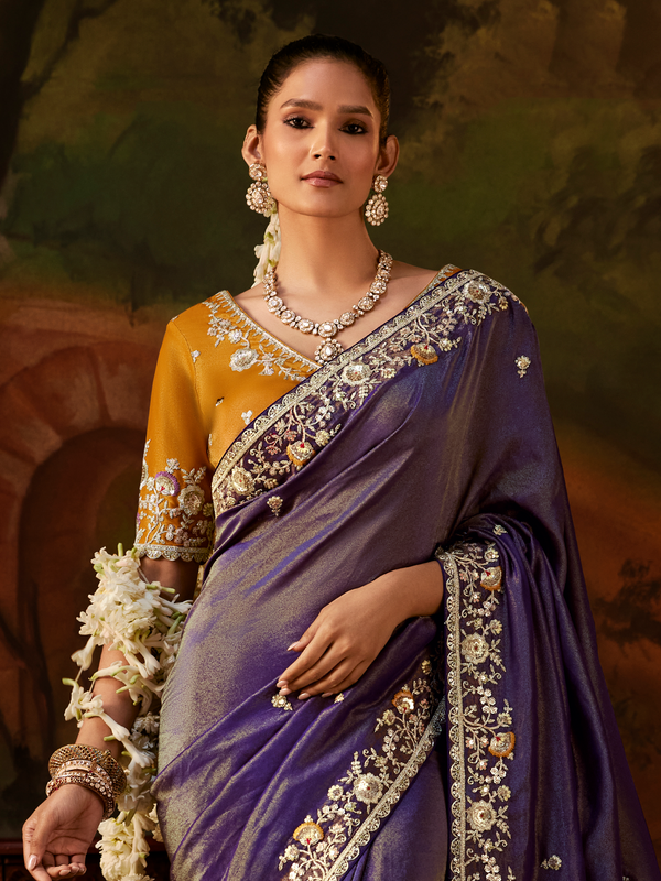 Royal Purple Embroidered Designer Tissue Silk Saree With Contrast Blouse