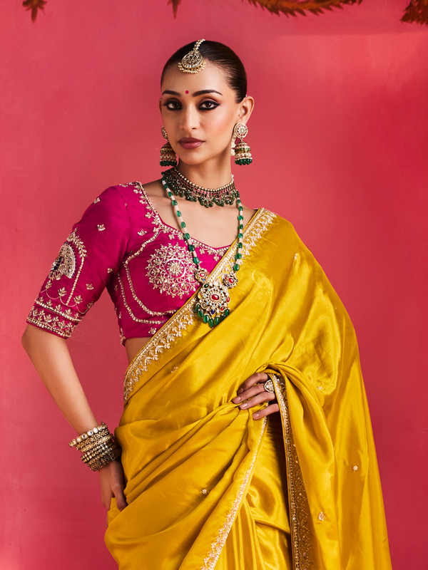 Golden Yellow Embroidered Designer Satin Silk Saree With Contrast Blouse