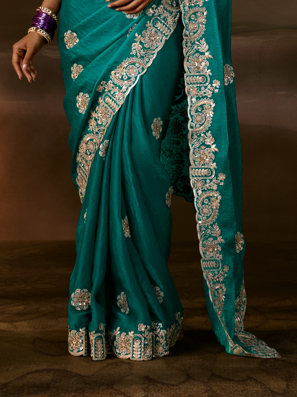 Teal Green Embroidered Designer Organza Silk Saree