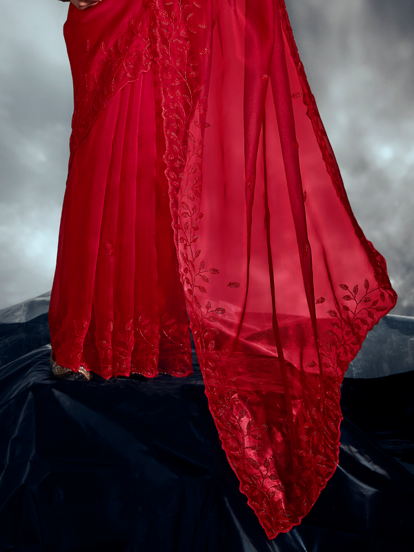 Red Embroidered Designer Tissue Organza Silk Saree