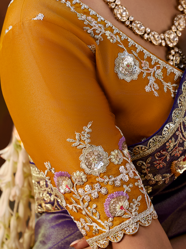 Royal Purple Embroidered Designer Tissue Silk Saree With Contrast Blouse
