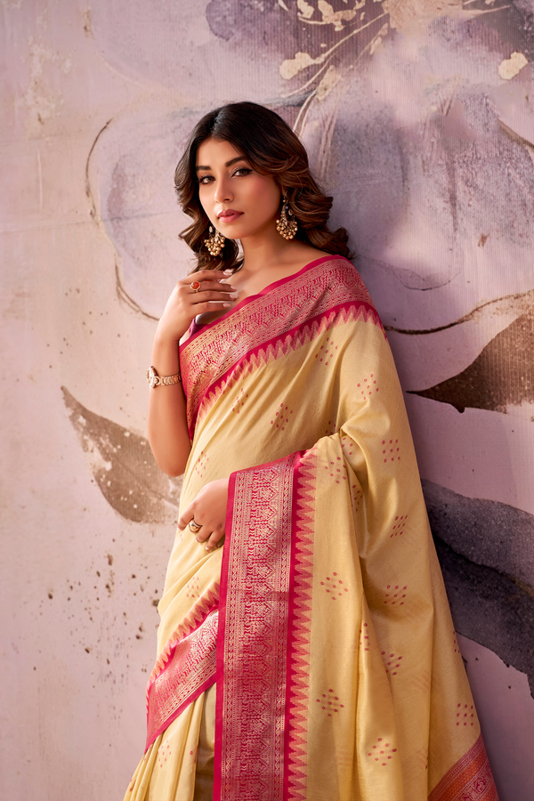 Cream Banarasi Cotton Silk Saree