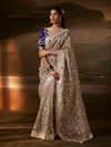 Taupe Grey Embroidered Designer Organza Silk Saree